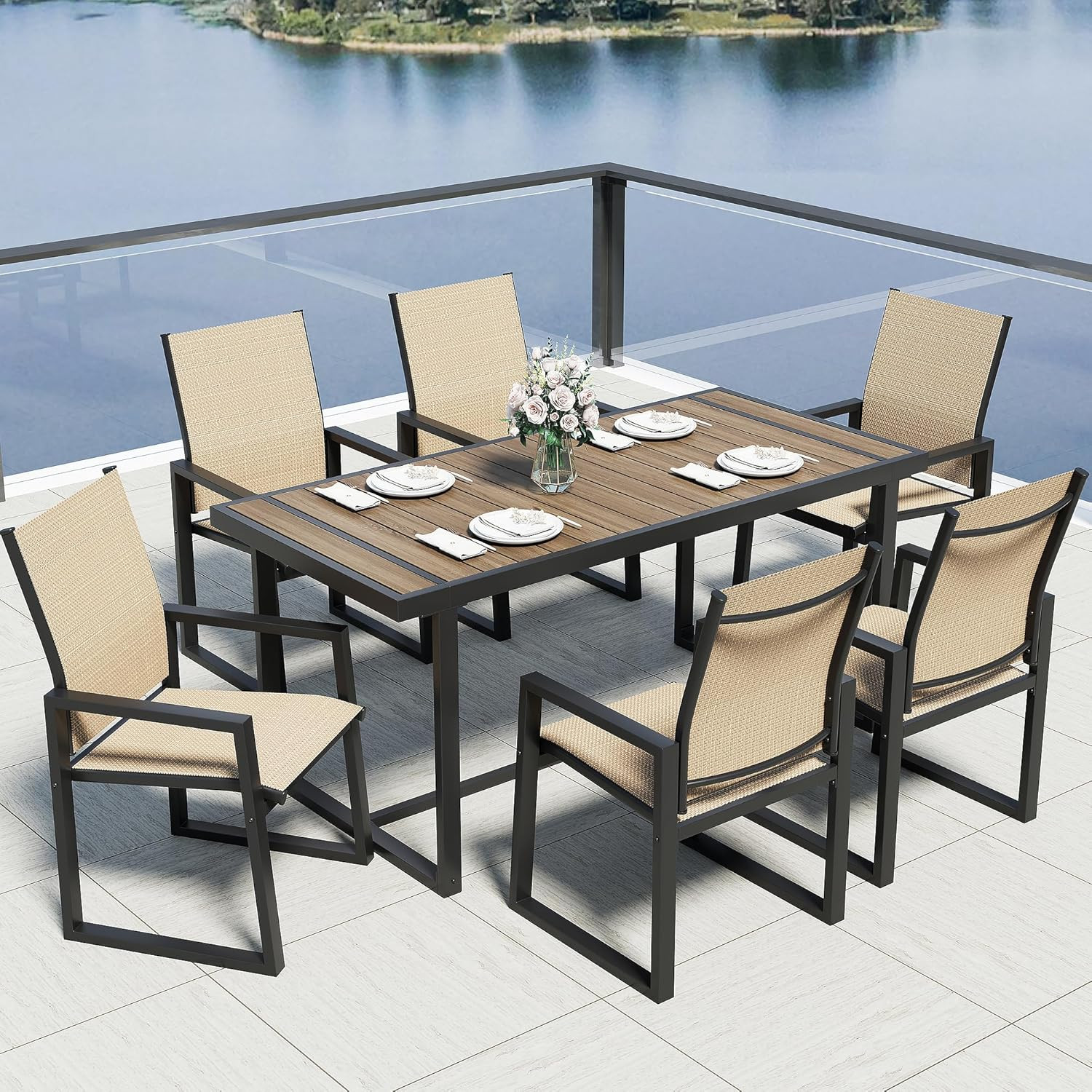 7-Piece Outdoor Dining Set for 6 – Rectangle Table & Textilene Chairs