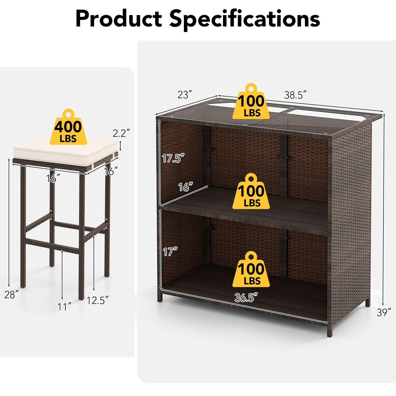 3 PCS Patio Bar Set w/ Tempered Glass Tabletop 2-Tier Storage Removable Cushions