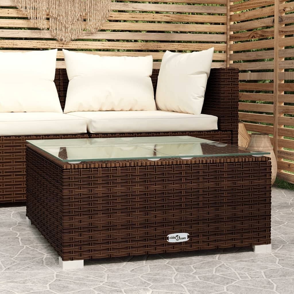 vidaXL Patio Coffee Table Brown 23.6″x23.6″x11.8″ Poly Rattan & Glass