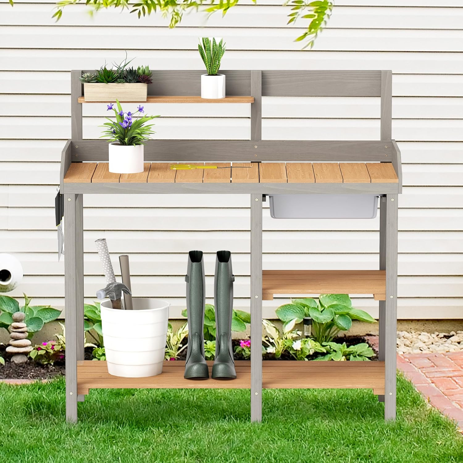 Wooden Potting Bench Table with Sink, Outdoor Garden Table Work Bench with Shelf