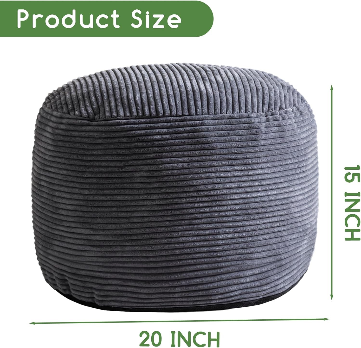 HIGOGOGO Round Stuffed Pouf Ottoman, Corduroy Poufs with 20 inch, Dark Grey
