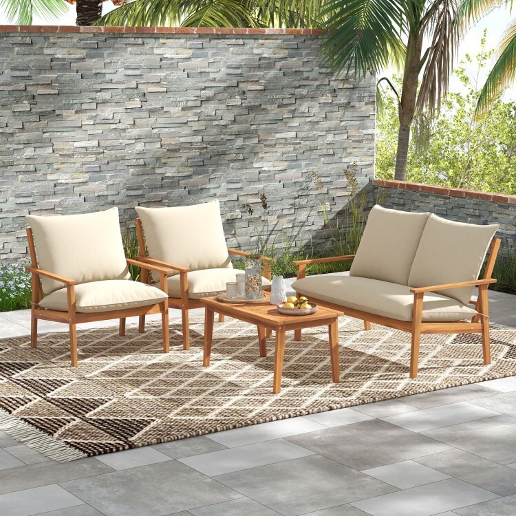 4 Pieces Patio Conversation Set Sofa Couch Outdoor Table Chairs W/ Soft Cushions