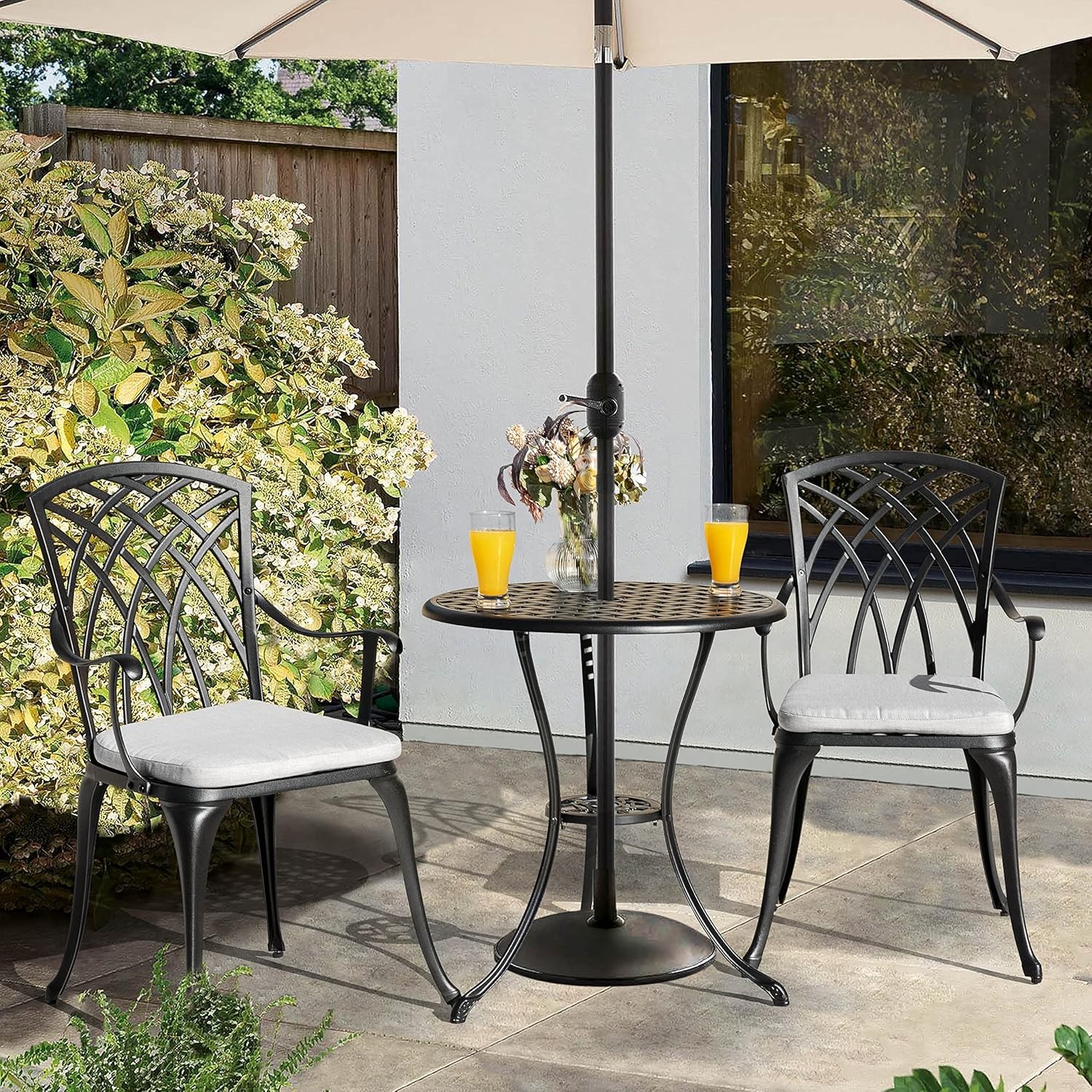 Black NUU GARDEN 3PC Cast Aluminum Bistro Set Gray Cushions Umbrella Hole