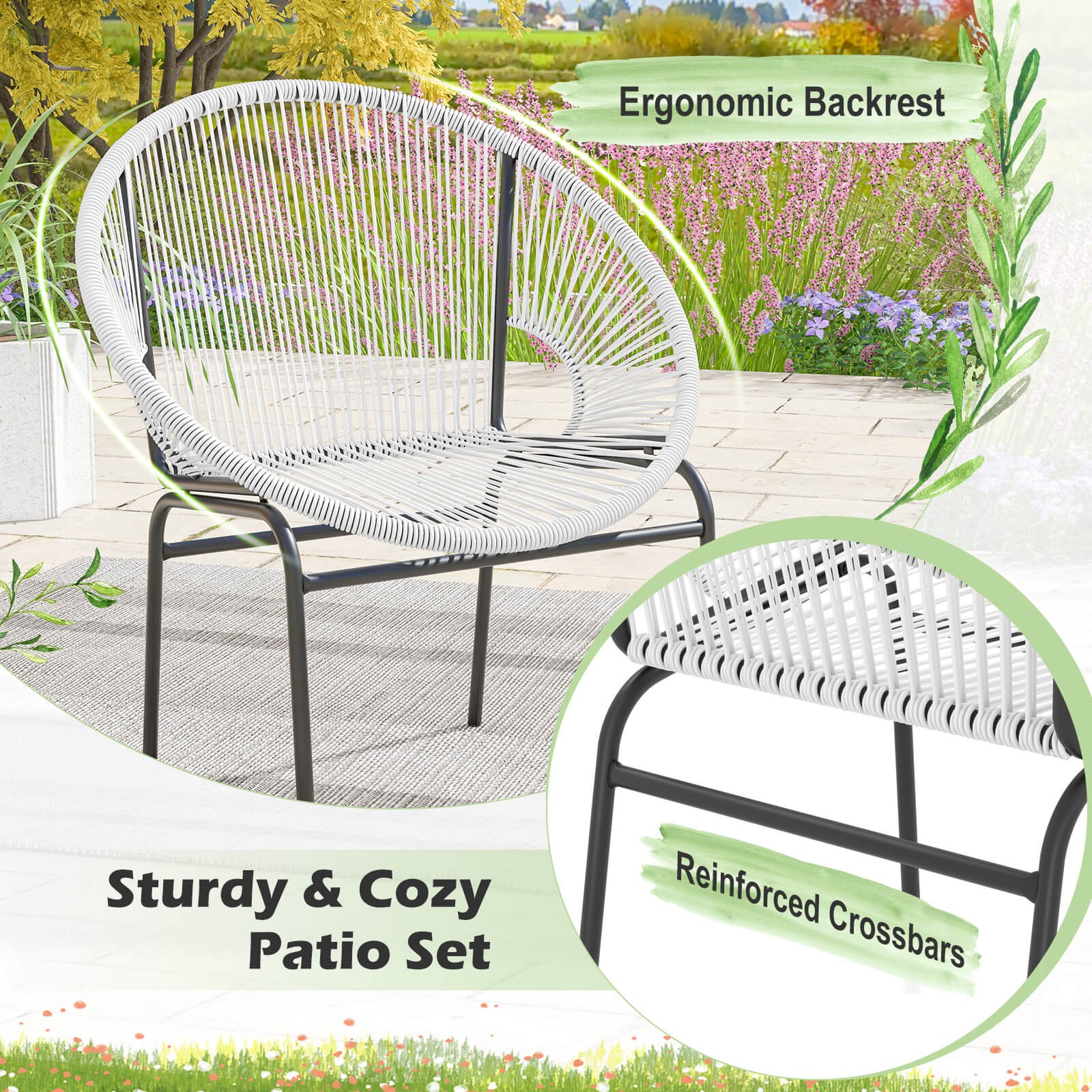 Patiojoy 3PCS Patio Acapulco Furniture Bistro Set Plastic Rope Glass Table Grey