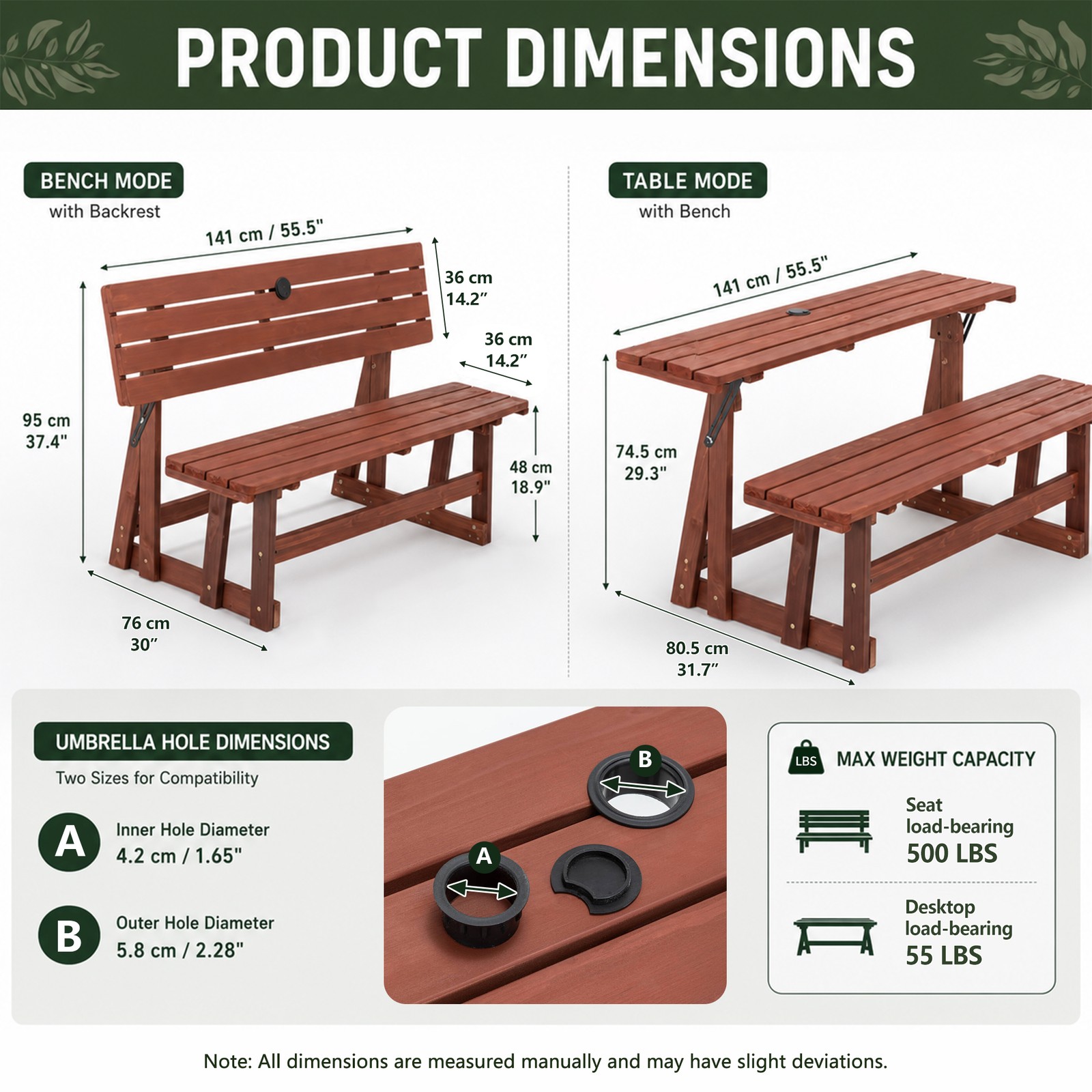 2-in-1 Convertible Picnic Table Bench, Solid Wood Outdoor Folding Dining Set