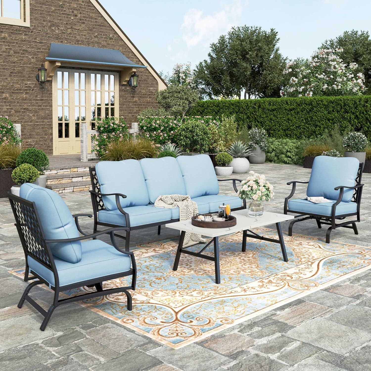 4 PCS Patio Furniture Set Outdoor Conversation Set w/2 Rocker Chair for Backyard