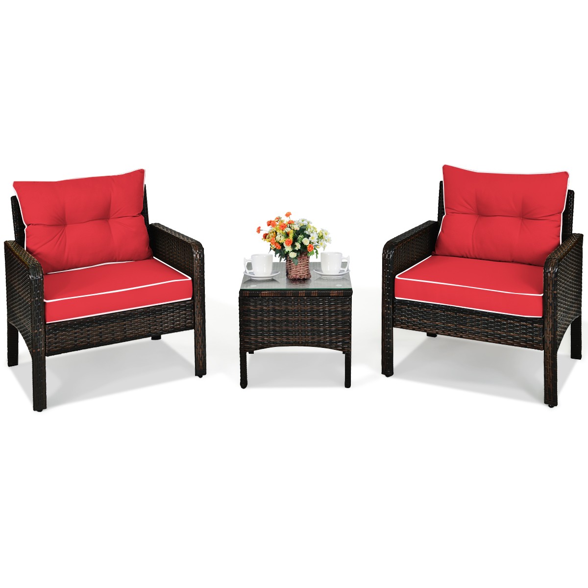 3PCS Outdoor Rattan Conversation Set Patio Furniture Cushioned Sofa Chair Red