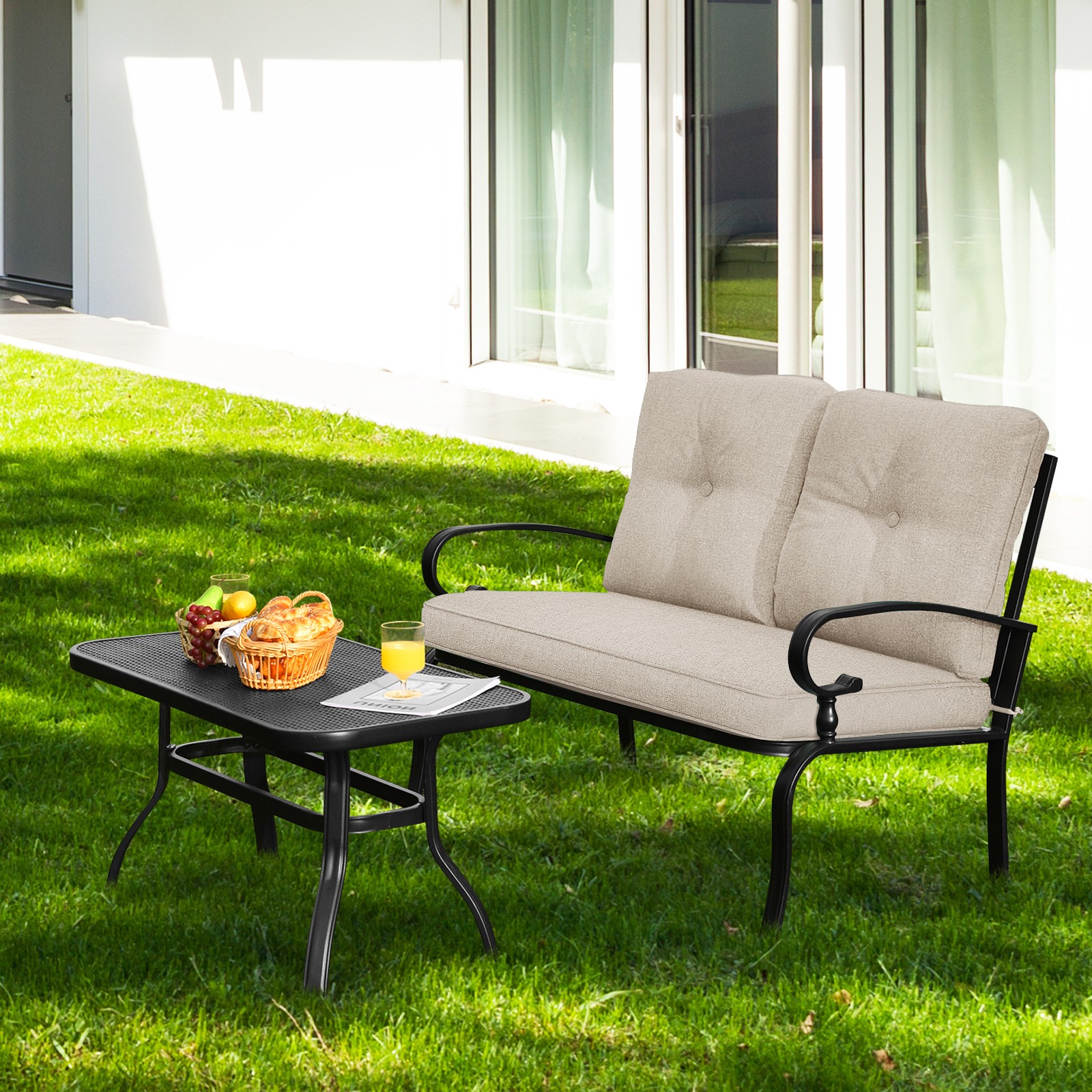 Patiojoy Outdoor 2PCS Loveseat Bench Table Furniture Set Cushioned Chair Beige