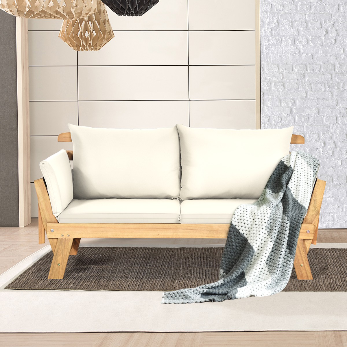 Patio Convertible Sofa Daybed Solid Wood Adjustable Furni Thick Cushion White