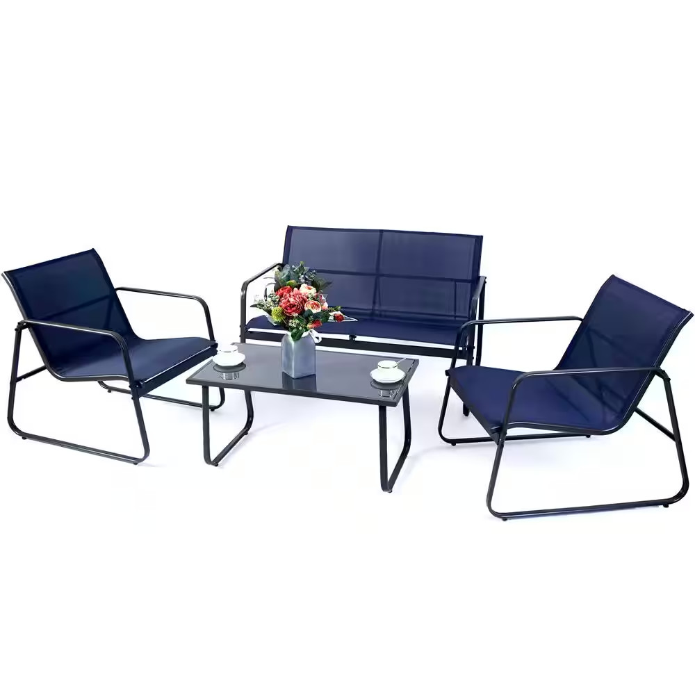 Gray 4Piece Metal Patio Conversation Set with Blue Breathable Textilence Seating