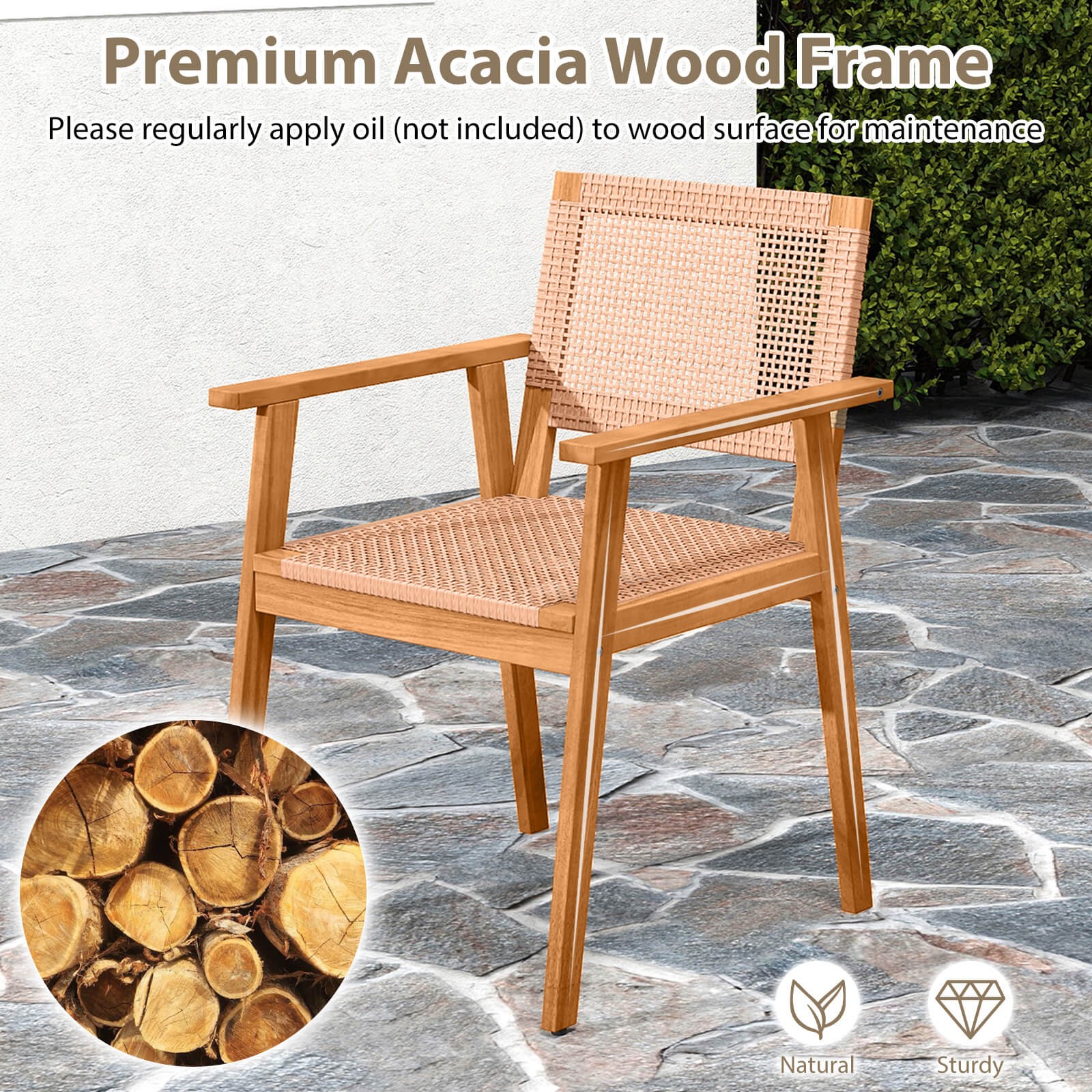 Acacia Wood Outdoor Dining Chairs Set of 4 w/Backrests & Armrests for Backyard