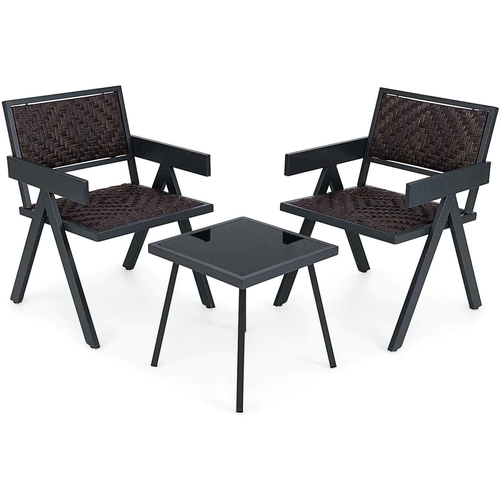 3 Piece Patio Wicker Chair Set, Rattan Furniture Set w/ Quick Dry Foam Padding