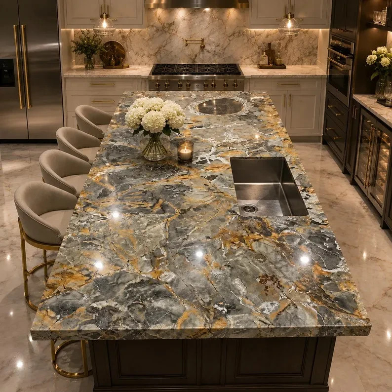 Quartzite Stone Kitchen Countertop | Natural Island Slab for Modern Kitchen
