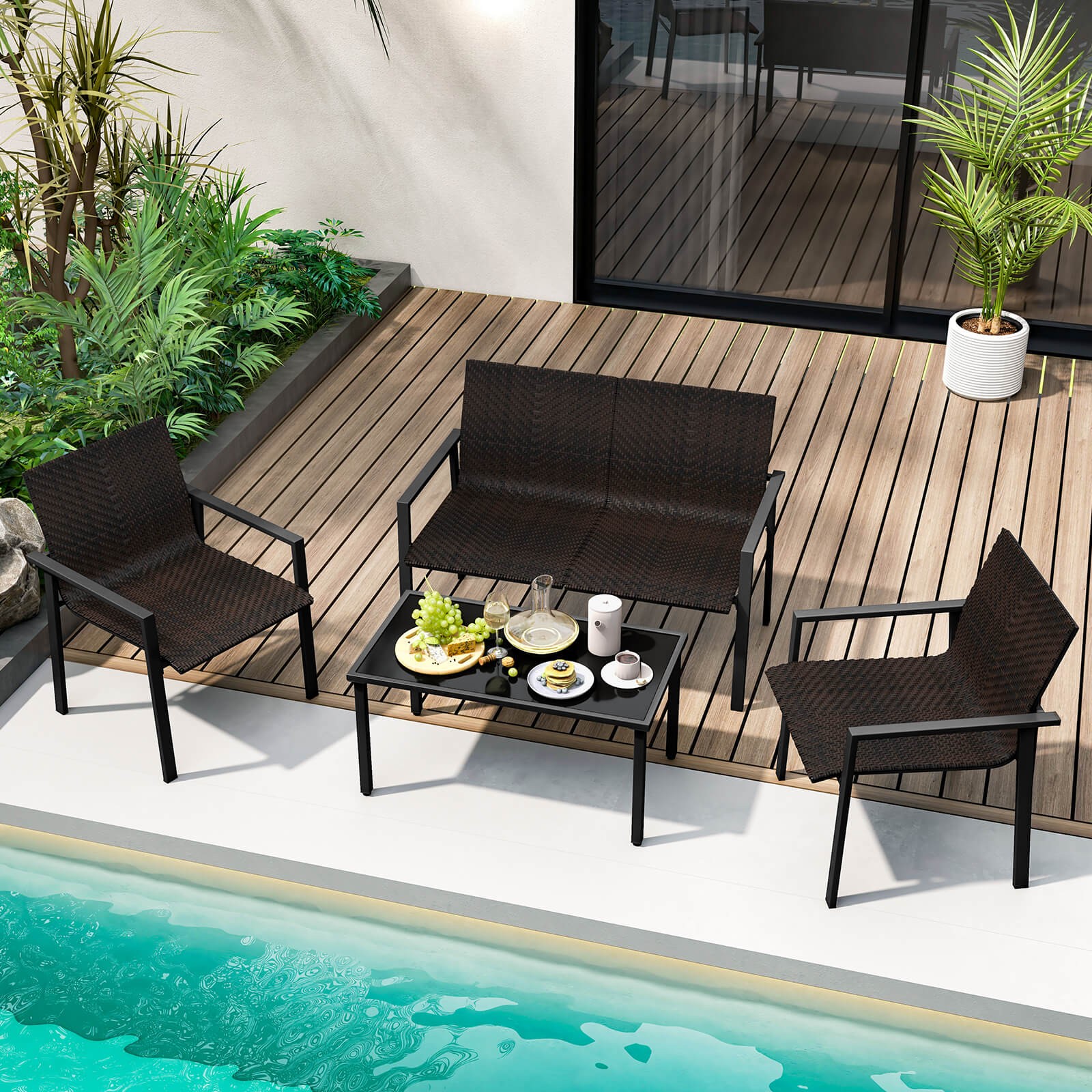 4 Pieces Outdoor Wicker Patio Conversation Furniture Set with Metal Frame