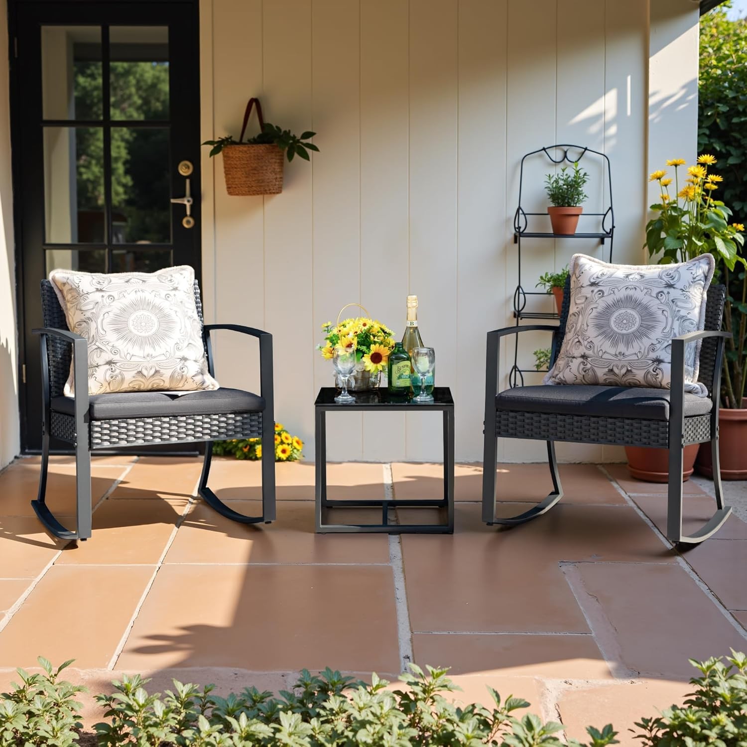 Resin Patio Furniture Set 3 Piece All Weather Outdoor Rocking Chairs W/ Cushions