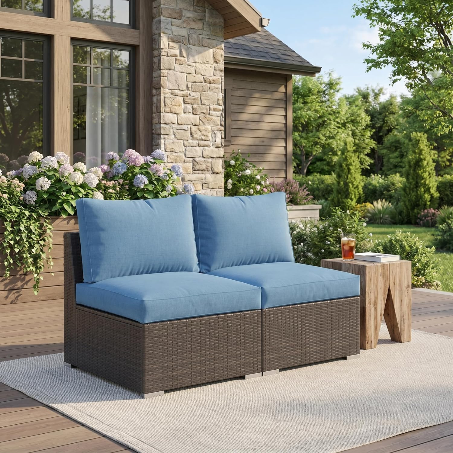 Light Blue Outdoor Wicker Sofa Set with Washable Cushions for Patio & Garden