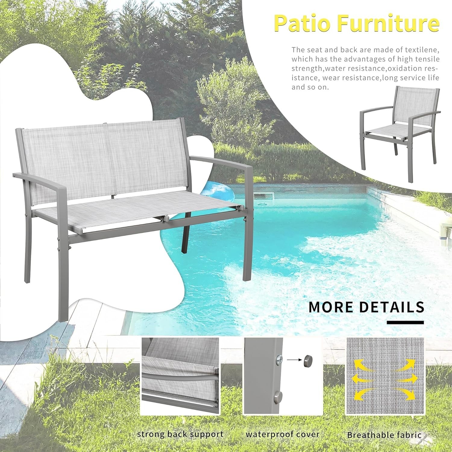 Modern Silver Patio Set with Glass Table: 4-Piece Outdoor Comfort Collection