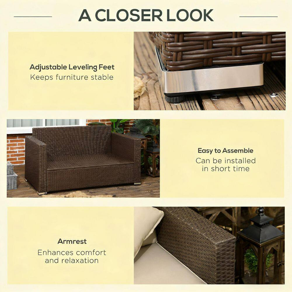 Wicker Outdoor Patio Brown Loveseat with Adjustable Feet Pads and Beige Cushion