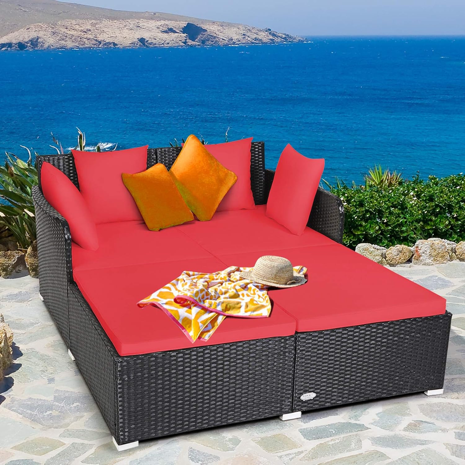 Outdoor Rattan Daybed, Sunbed Wicker Furniture W/Spacious Seat, Upholstered Cush