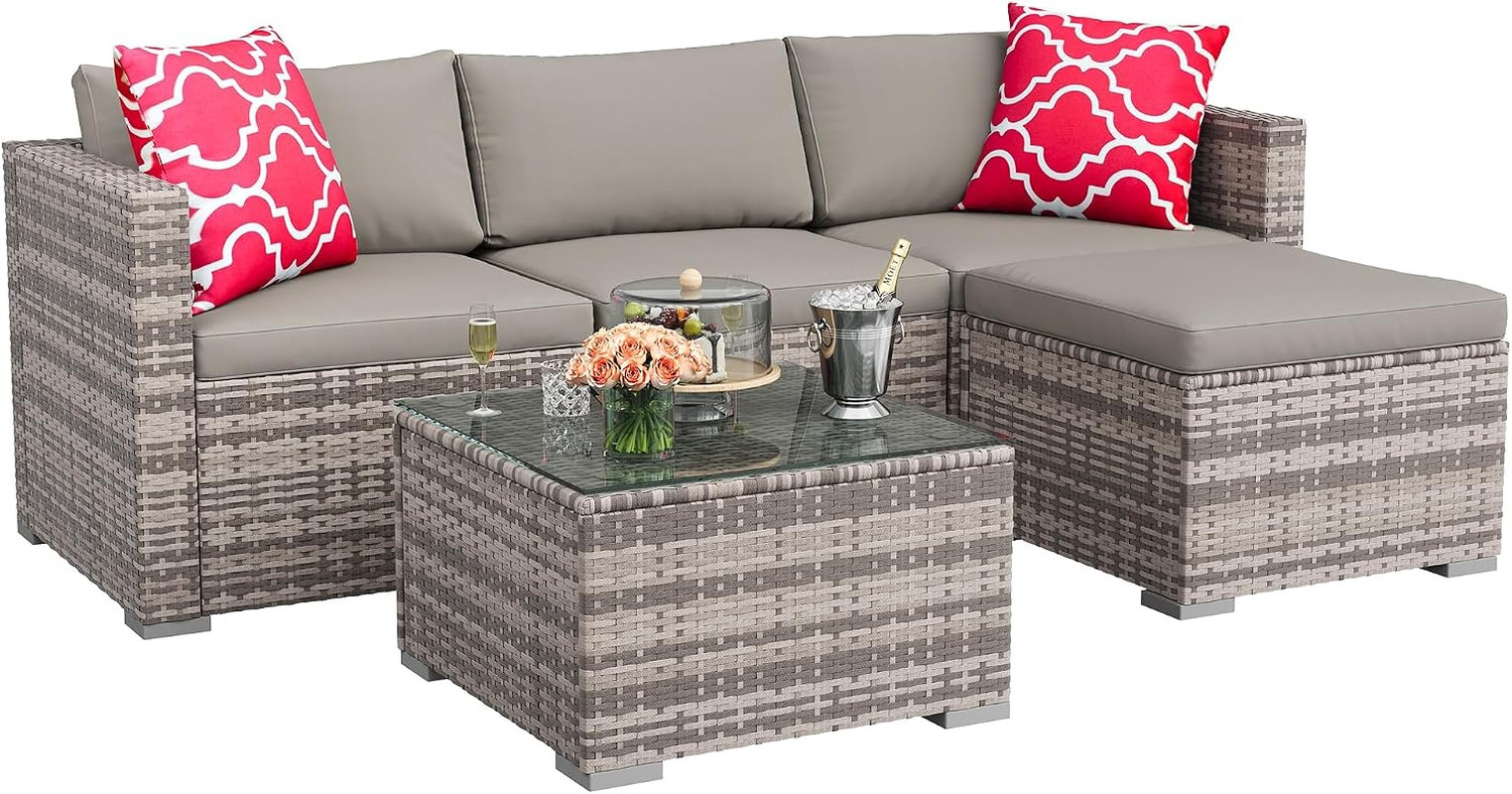 Outdoor Patio Furniture Set of 5, L-Shaped Gray Wicker Sectional Sofa with Plush