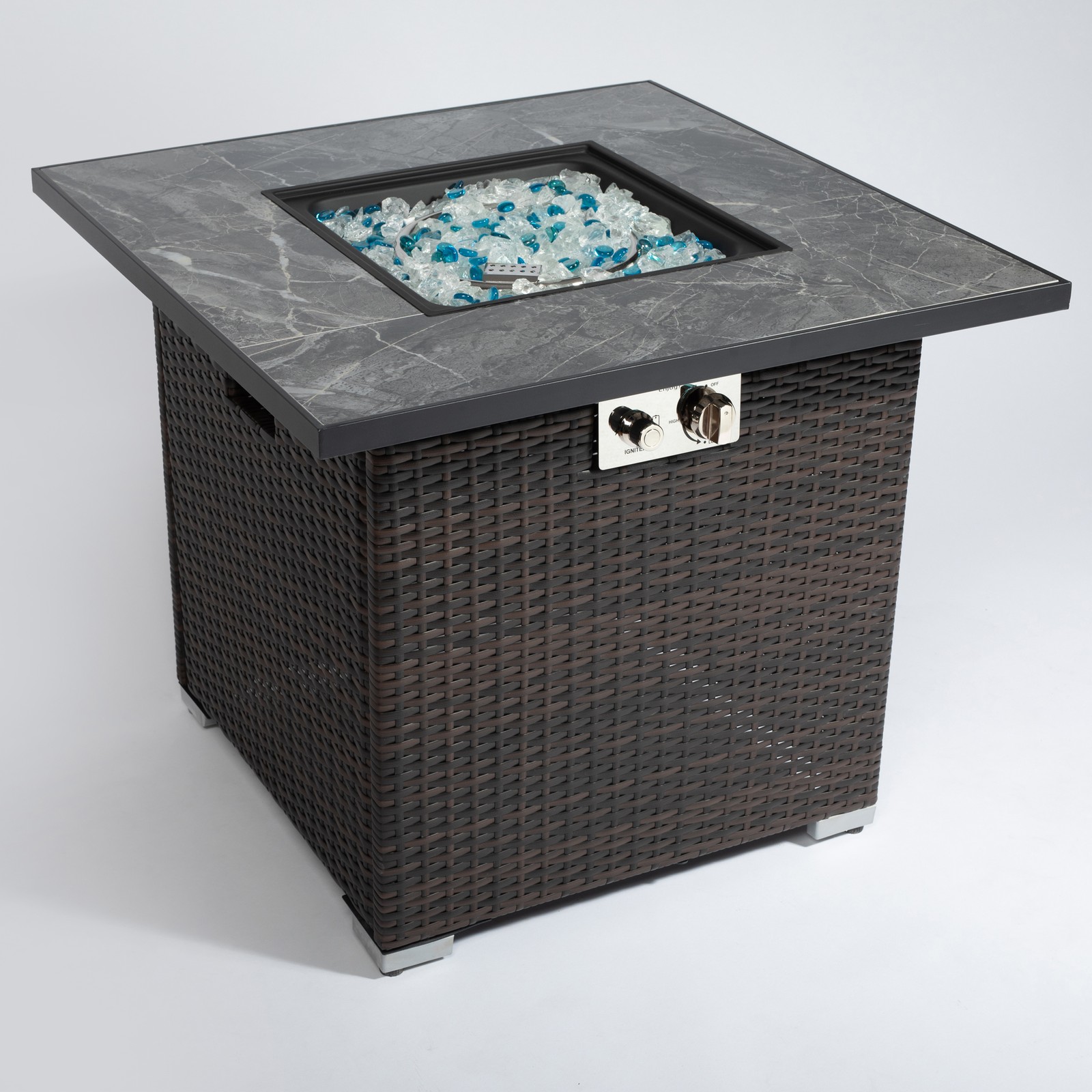 30000 BTU Propane Square Fire Pit Table w/ Wicker Base, Tile Top, Patio, Outdoor