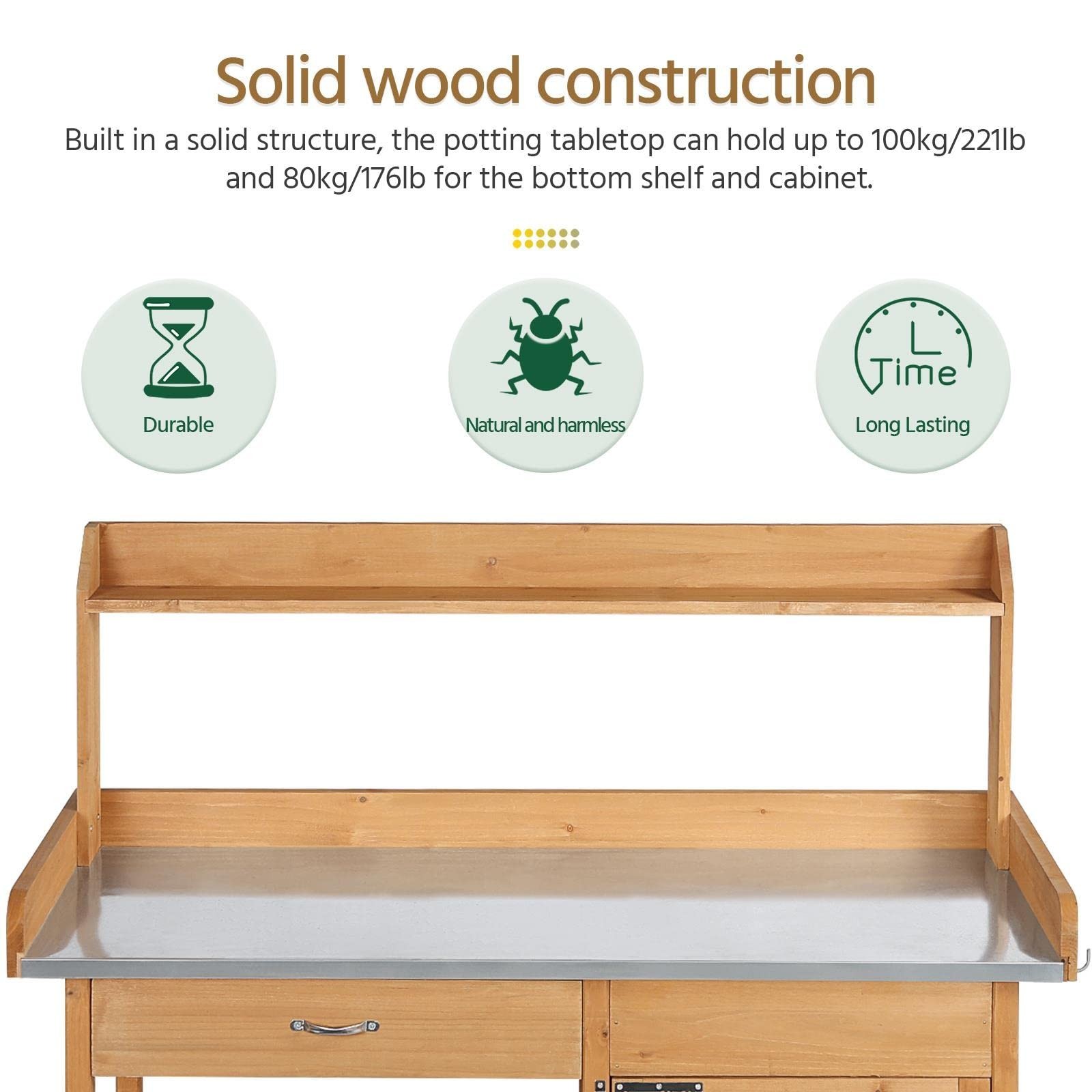 Outdoor Potting Bench Table with Storage, Durable Metal Top, Natural Wood, Garde