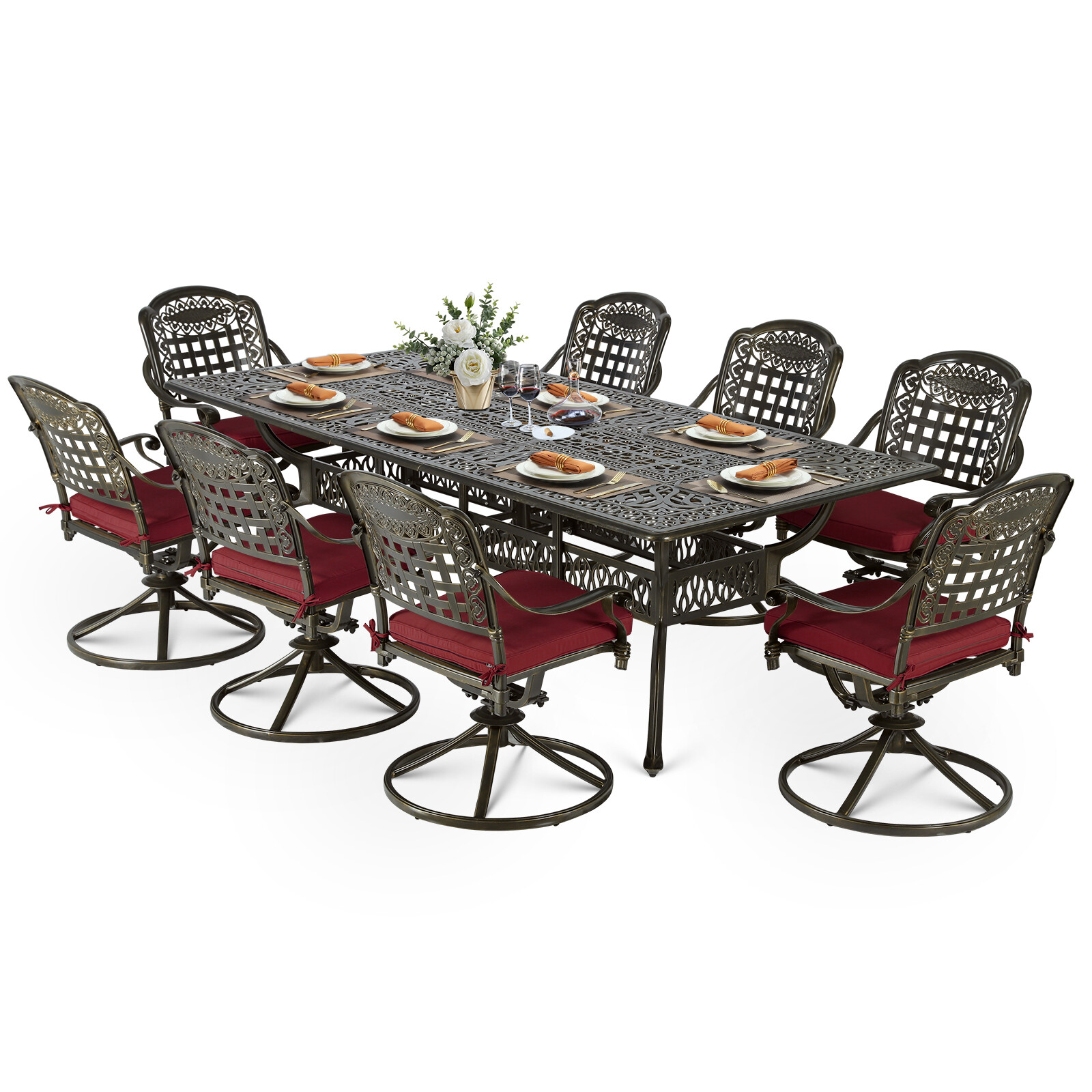 9 PCS Cast Aluminum Swivel Patio Dining Set Outdoor Rectangle Furniture Set