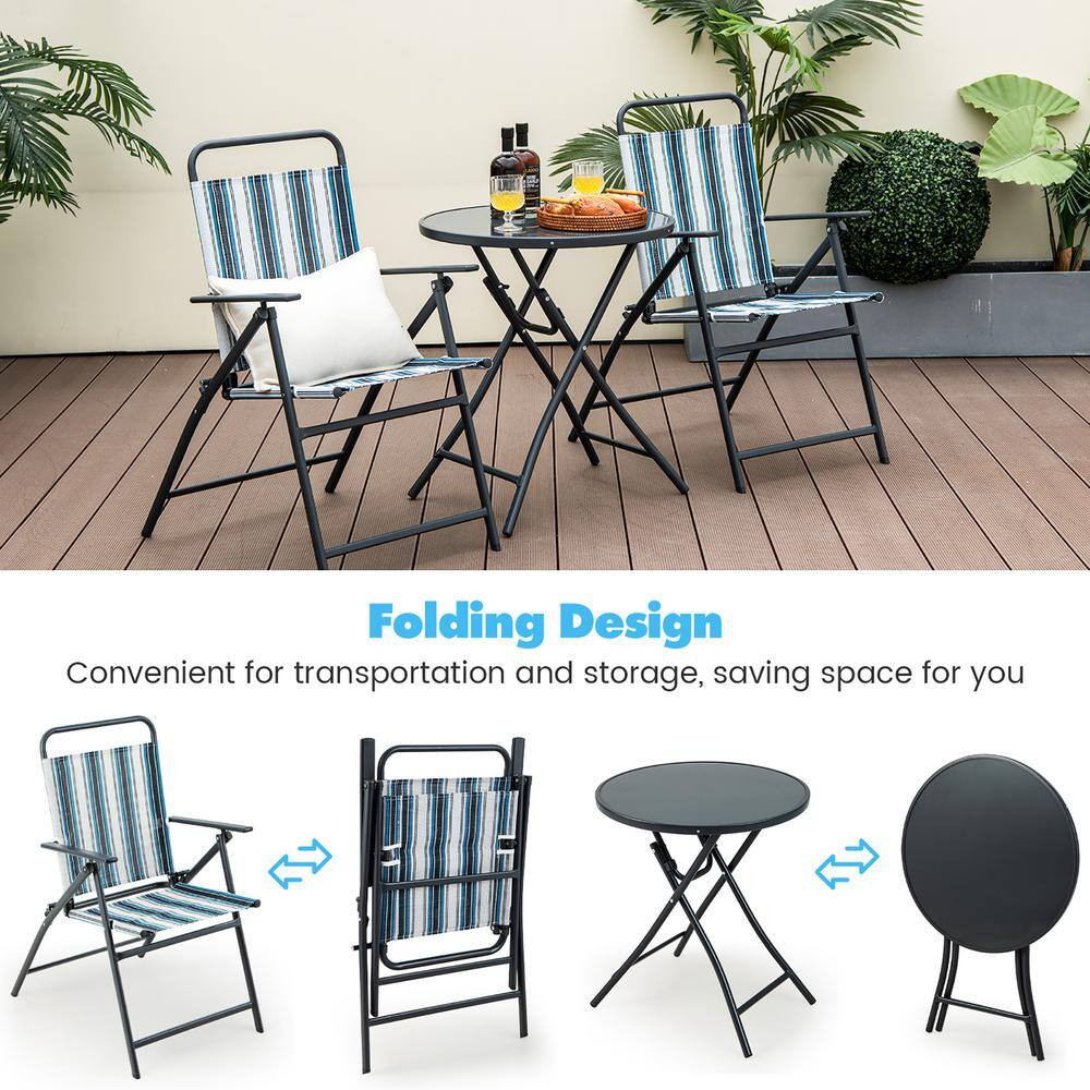 3-Piece Metal Folding Chair Set with 2 Chairs and Glass round Coffee Table Porch