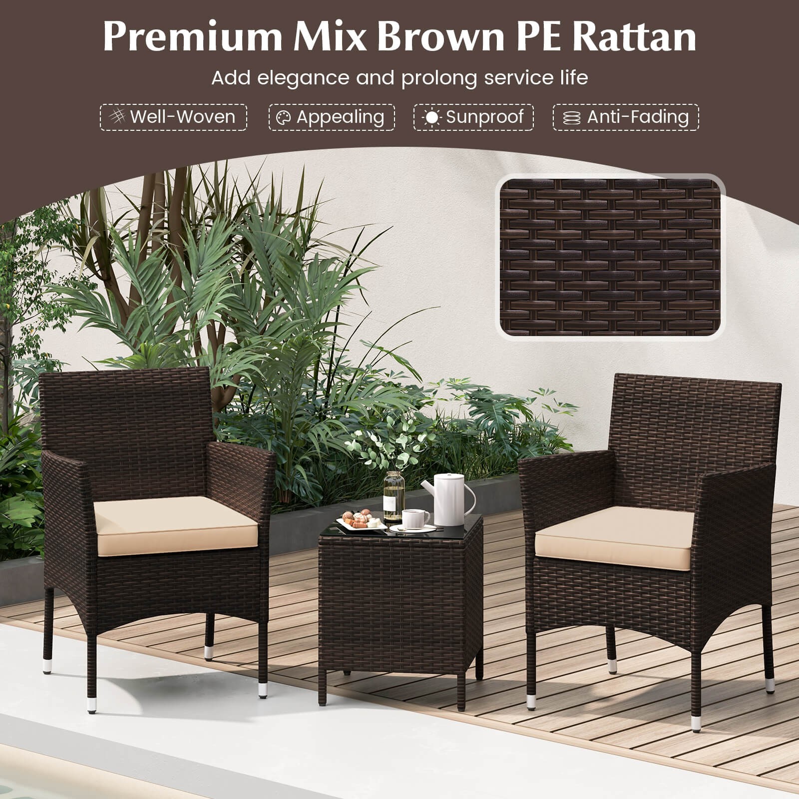 3 PCS Outdoor Conversation Set with Cushioned Seat and Tempered Glass Tabletop