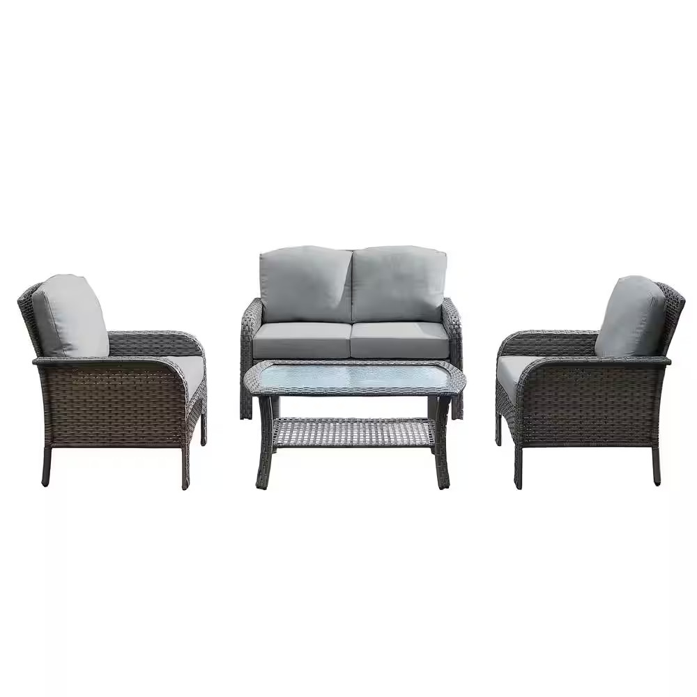 Venice Gray 4-Piece Wicker Modern Outdoor Patio Conversation Sofa Seating Set wi
