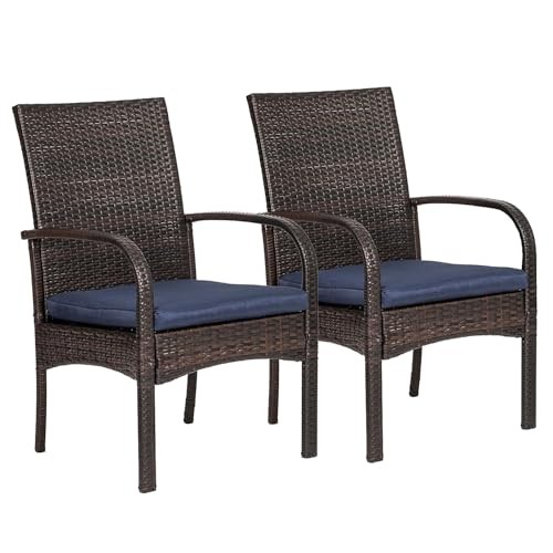 Outdoor Wicker Patio Dining Chairs with Padded Cushions Set of 2: Porch 2PACK
