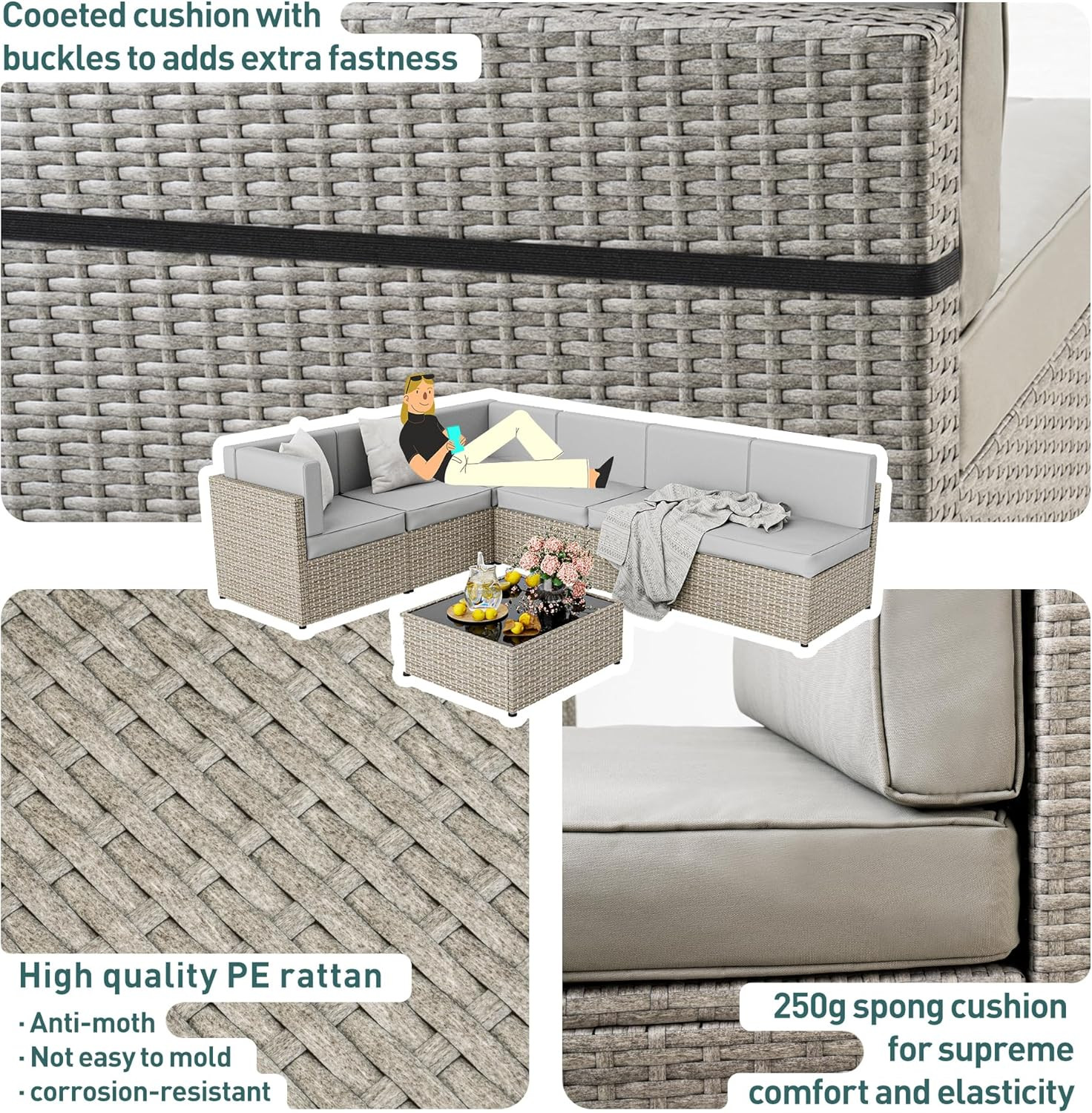 7-Piece Outdoor Sectional Furniture Set, All-Weather Wicker Patio Sofa with Wash