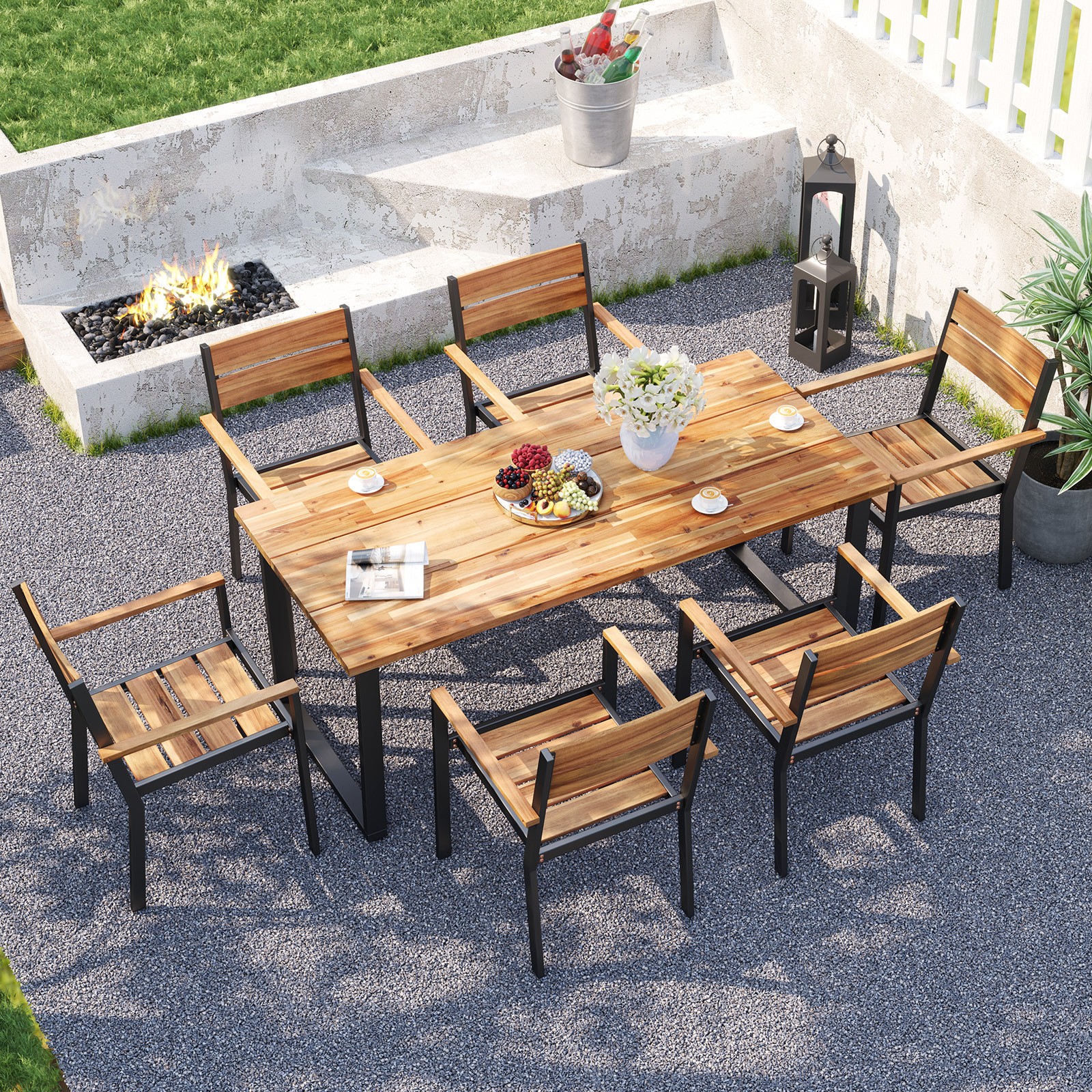 7Pcs Acacia Wood Patio Dining Set Metal Frame 2″ Umbrella Hole Table