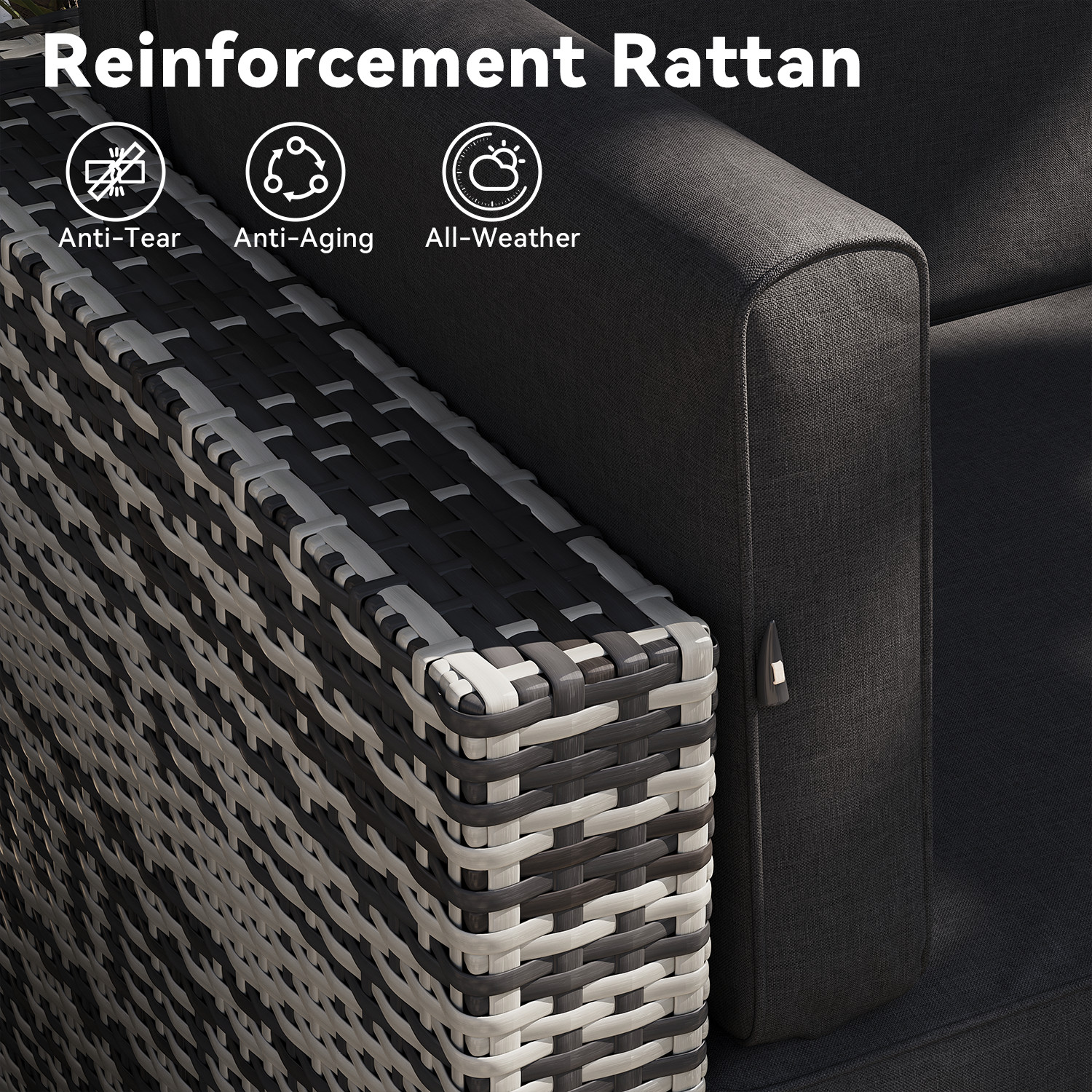 7-Piece Gray Rattan Sofa Set Black Cushions Coffee Table