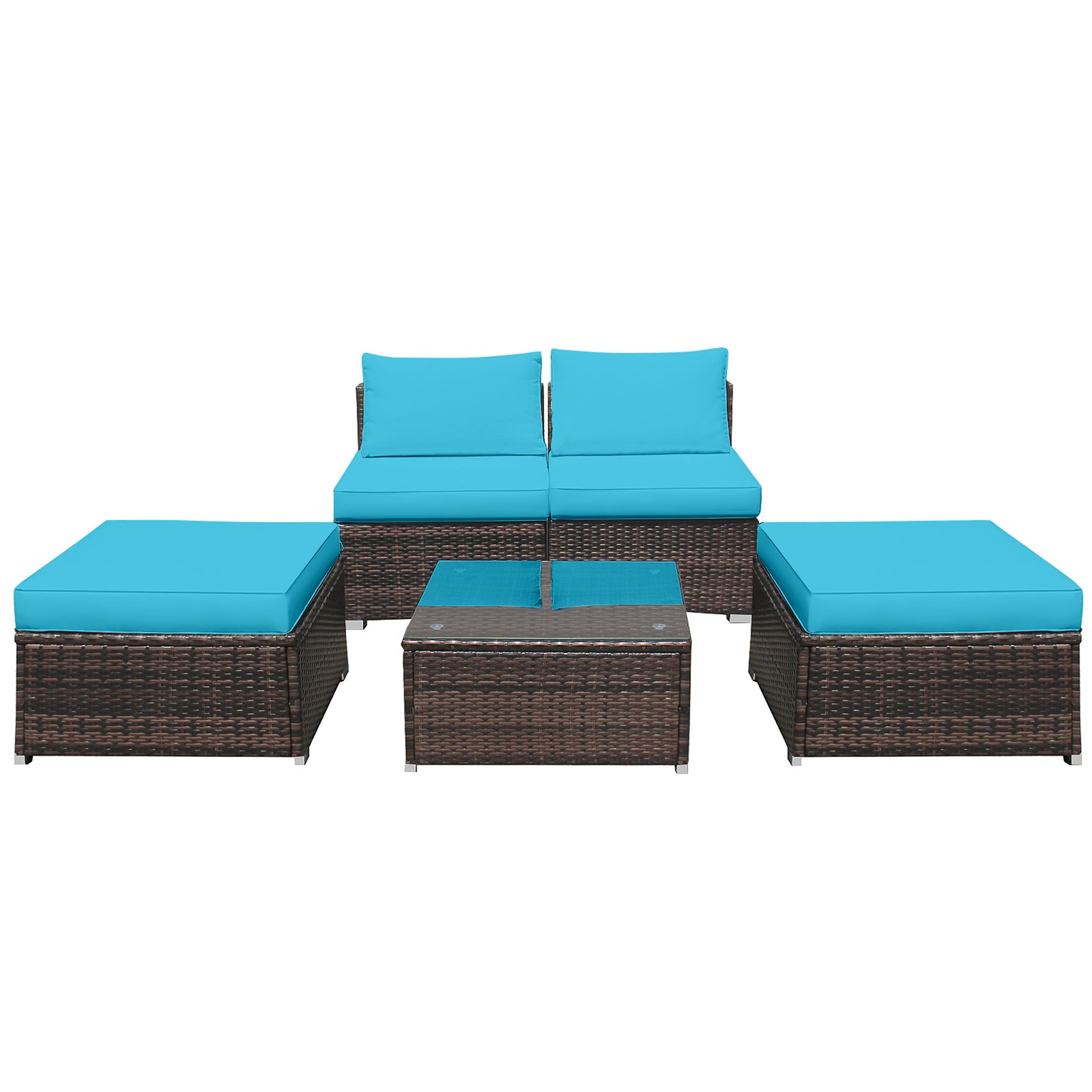 5PCS Outdoor Patio Furniture Set w/ Coffee Table Ottoman Turquoise Cushion