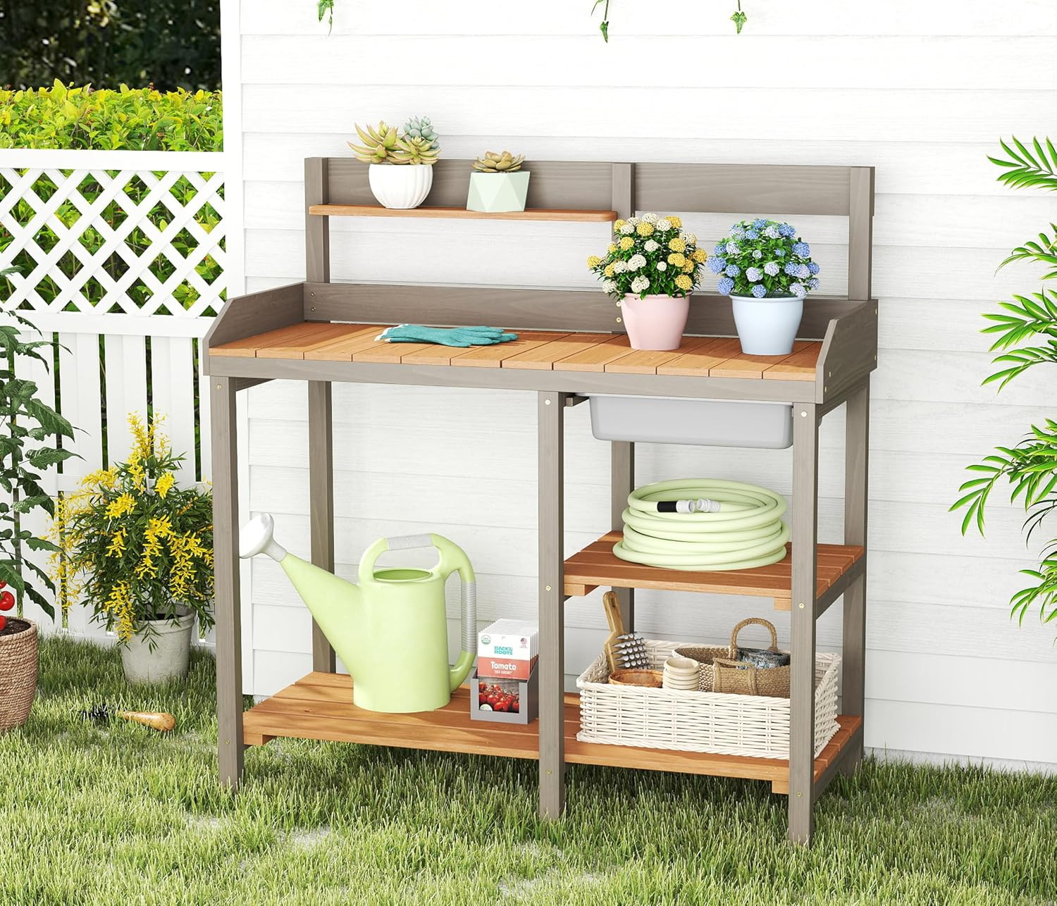 Wooden Potting Bench Table with Sink, Outdoor Garden Table Work Bench with Shelf