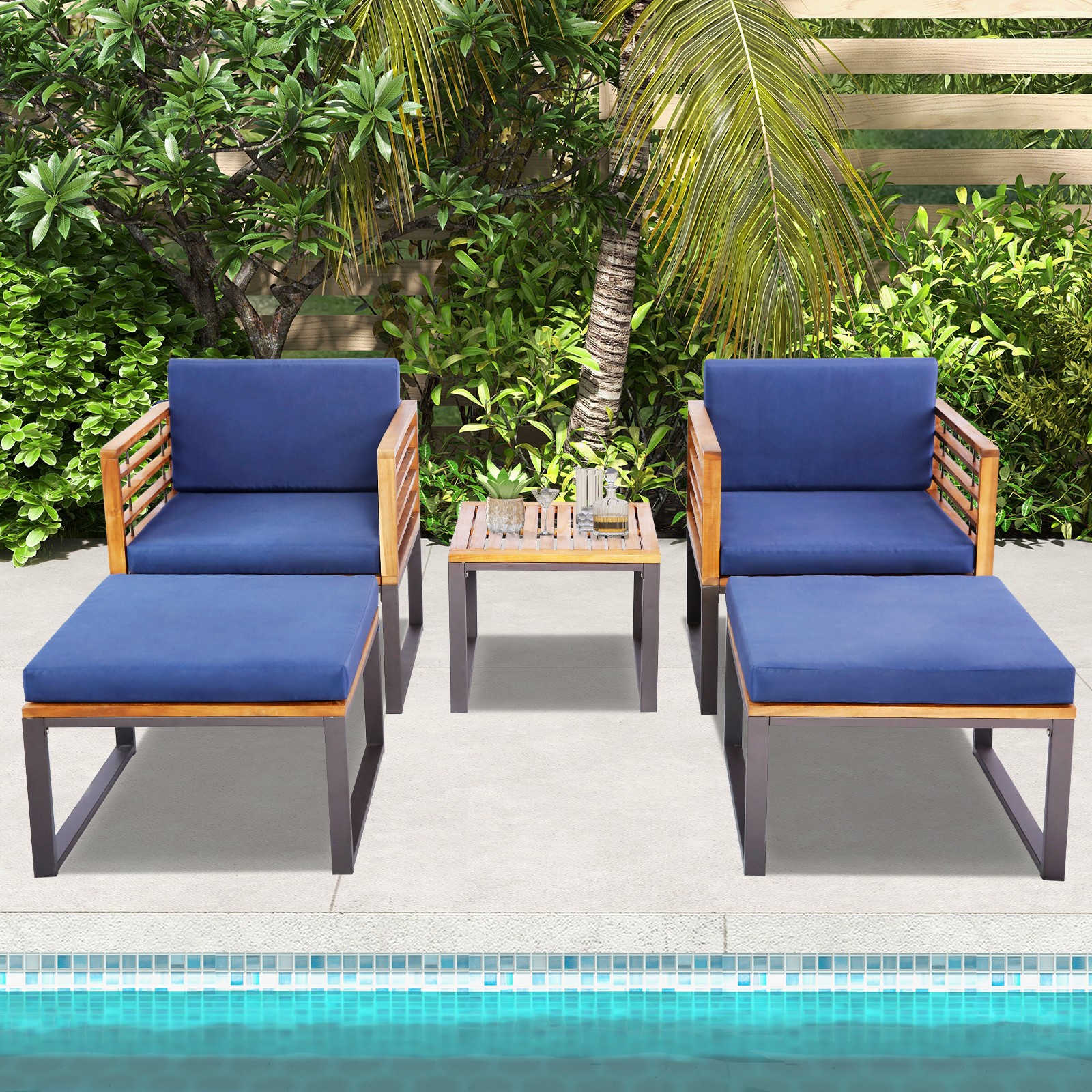 5pcs Patio Acacia Wood Cushioned Chair Ottoman Table Furniture Set Outdoor Navy