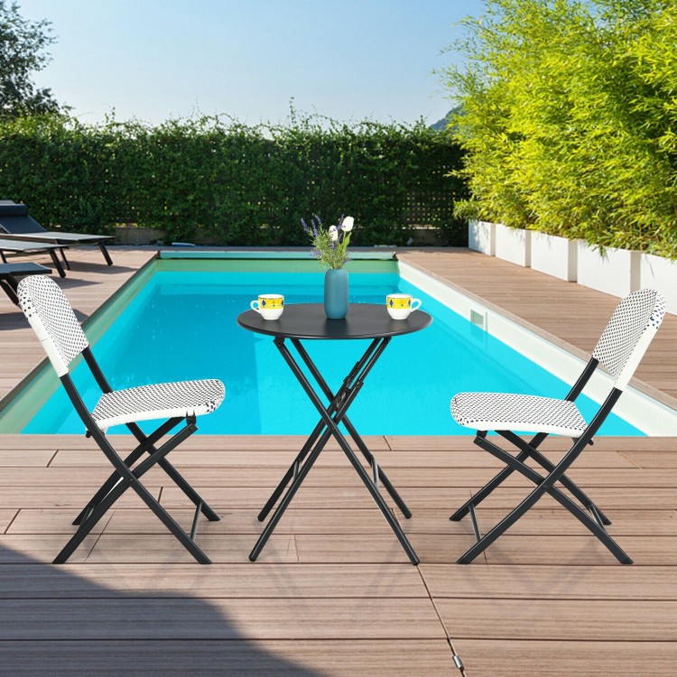 PE Rattan Bistro Set: 3-Pc, 23.5″ Round Table, 2x330lb Chairs, Steel Frame