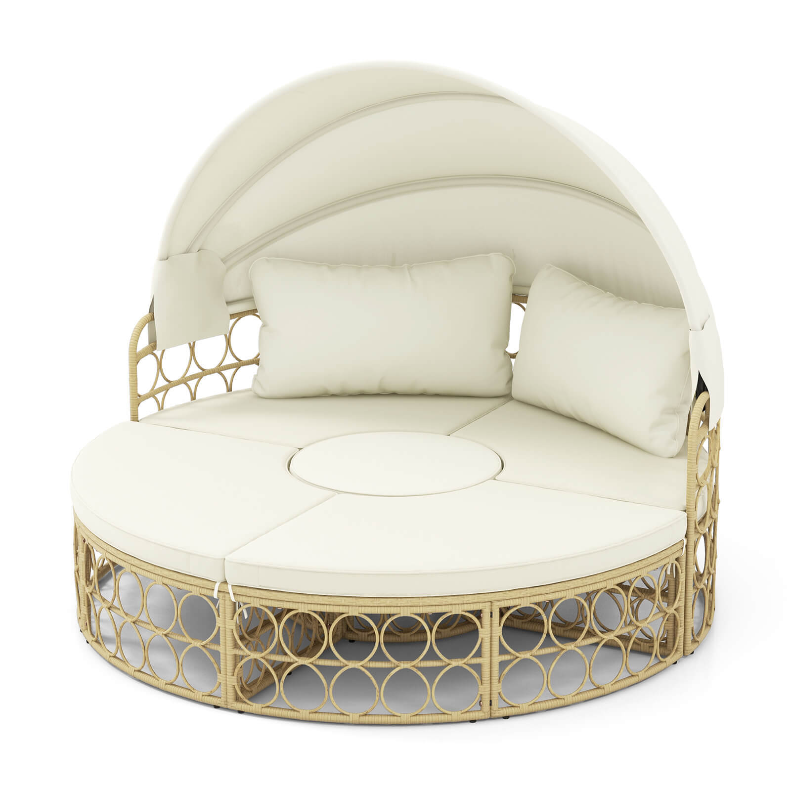 Outdoor Patio Round Daybed wi/ Retractable Canopy Soft Cushions for Garden