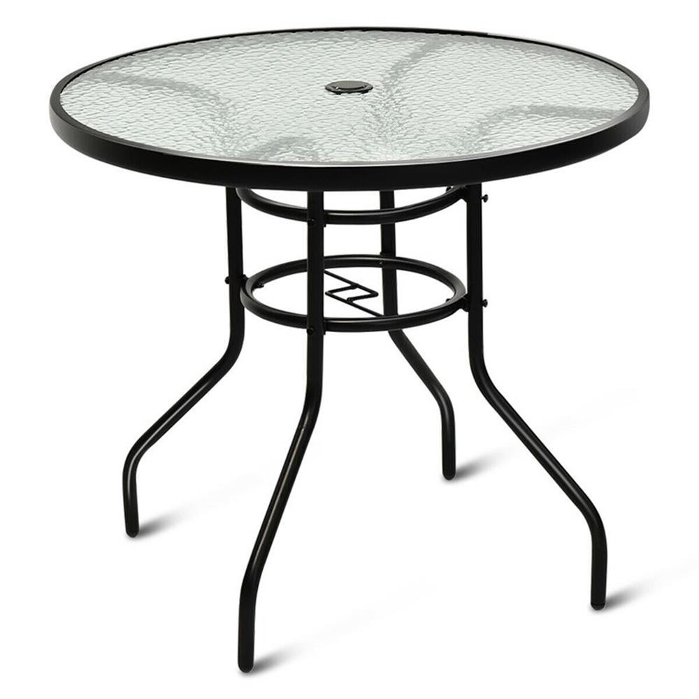 Pemberly Row Patio Round Table Tempered Glass Steel Frame in White