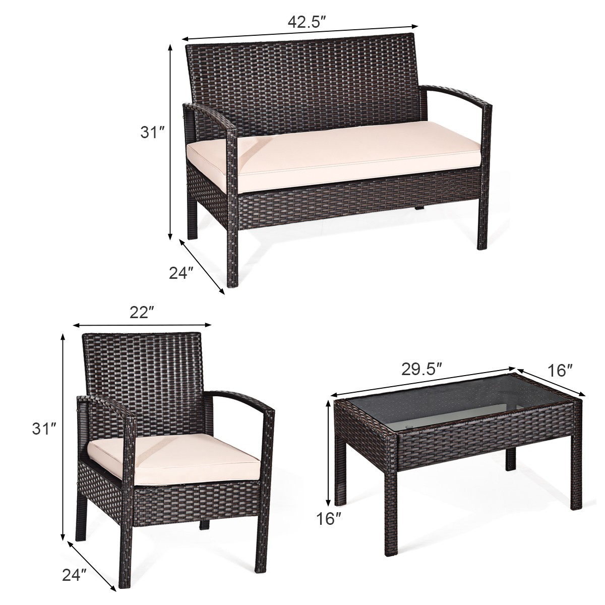 Patiojoy 4PCS Poolside Rattan Conversation Furniture Set Soft Seat Glass Table