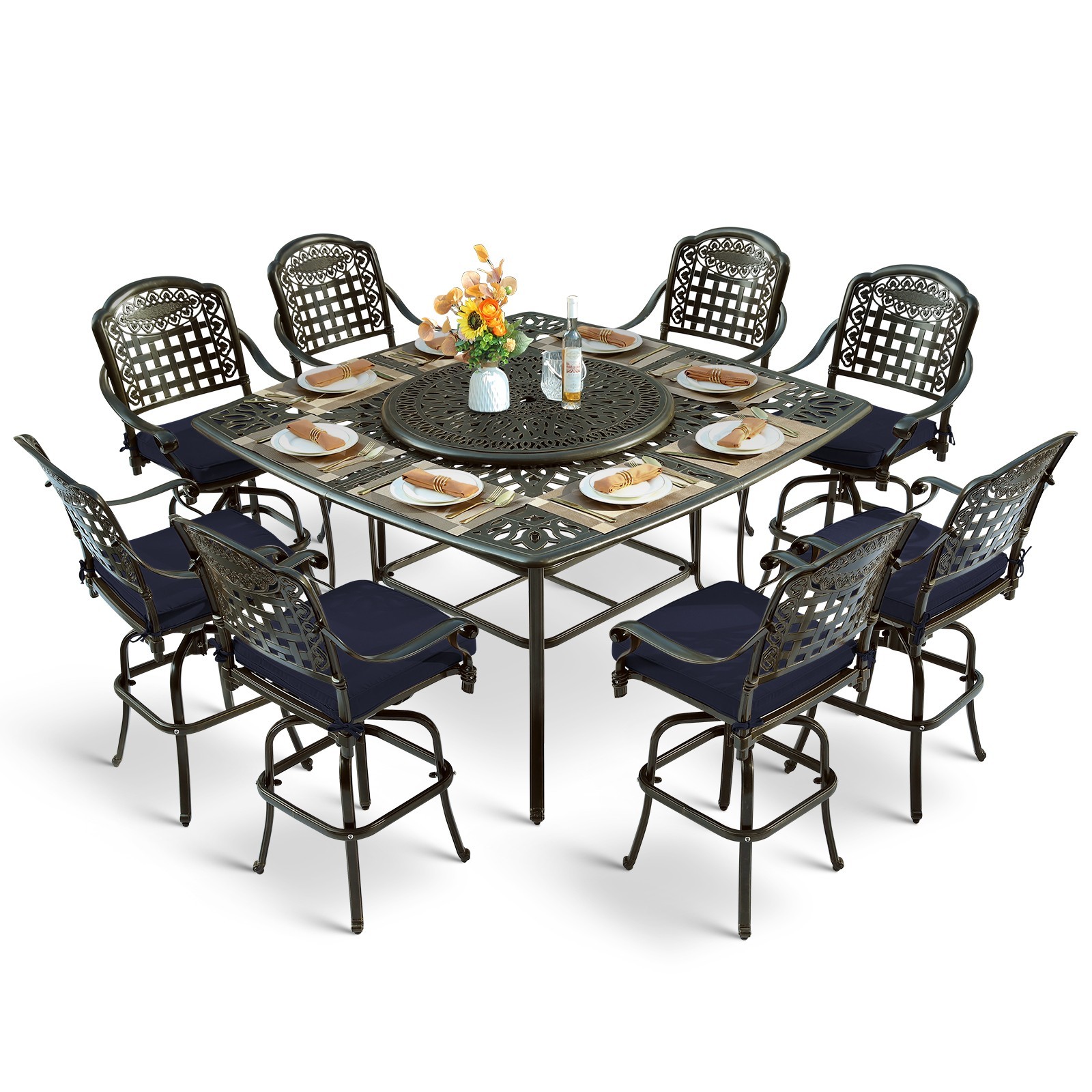 10-PCS Patio Swivel Bar Stools Set with Outdoor Bar Height Table and Lazy Susan