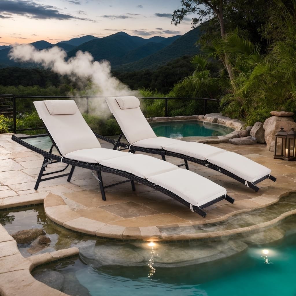 Set of 2 Patio Chaise Lounge Chairs Folding Wicker Reclining with Cushions Pool