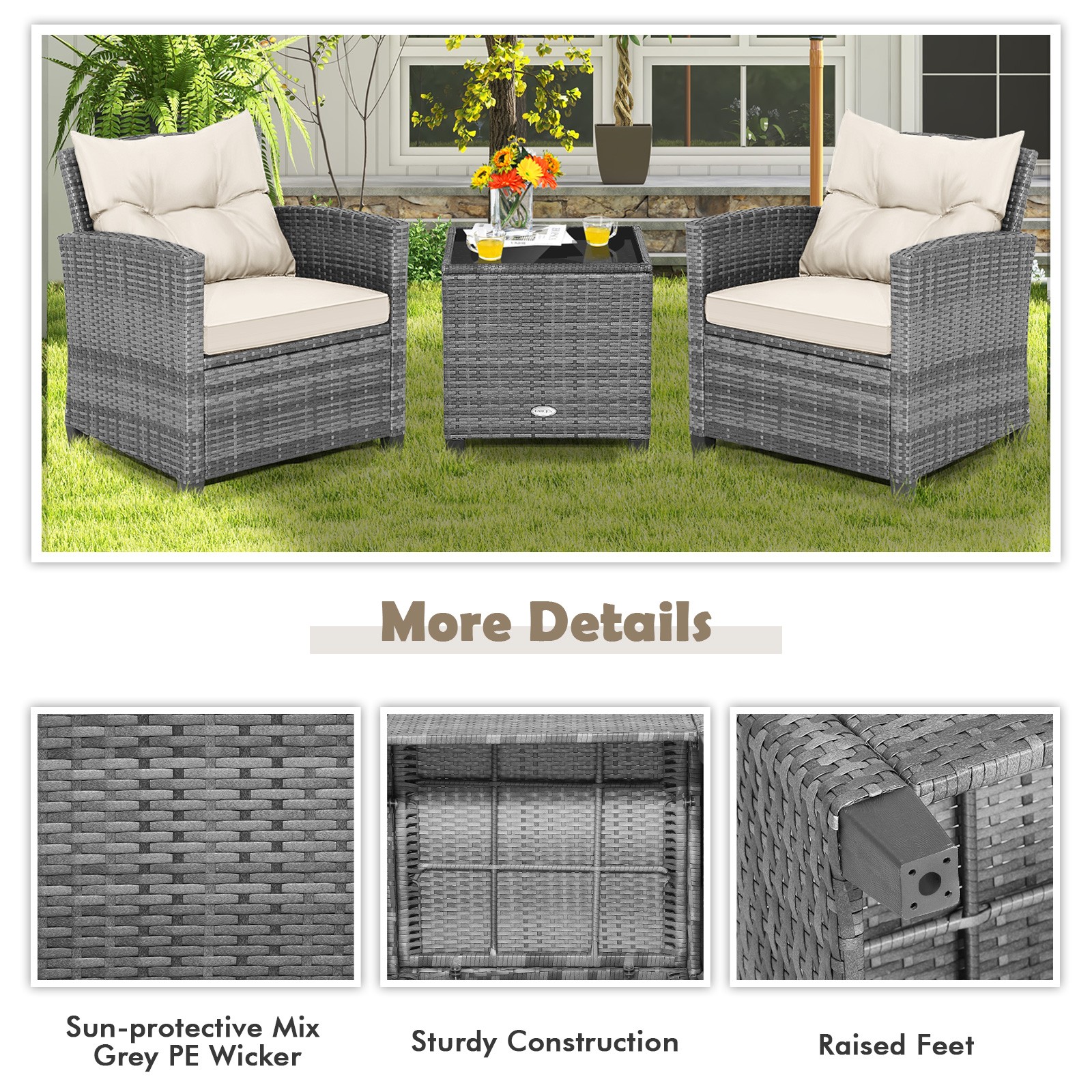 3PCS Patio Rattan Furniture Bistro Set Cushioned Sofas Side Table Armrest